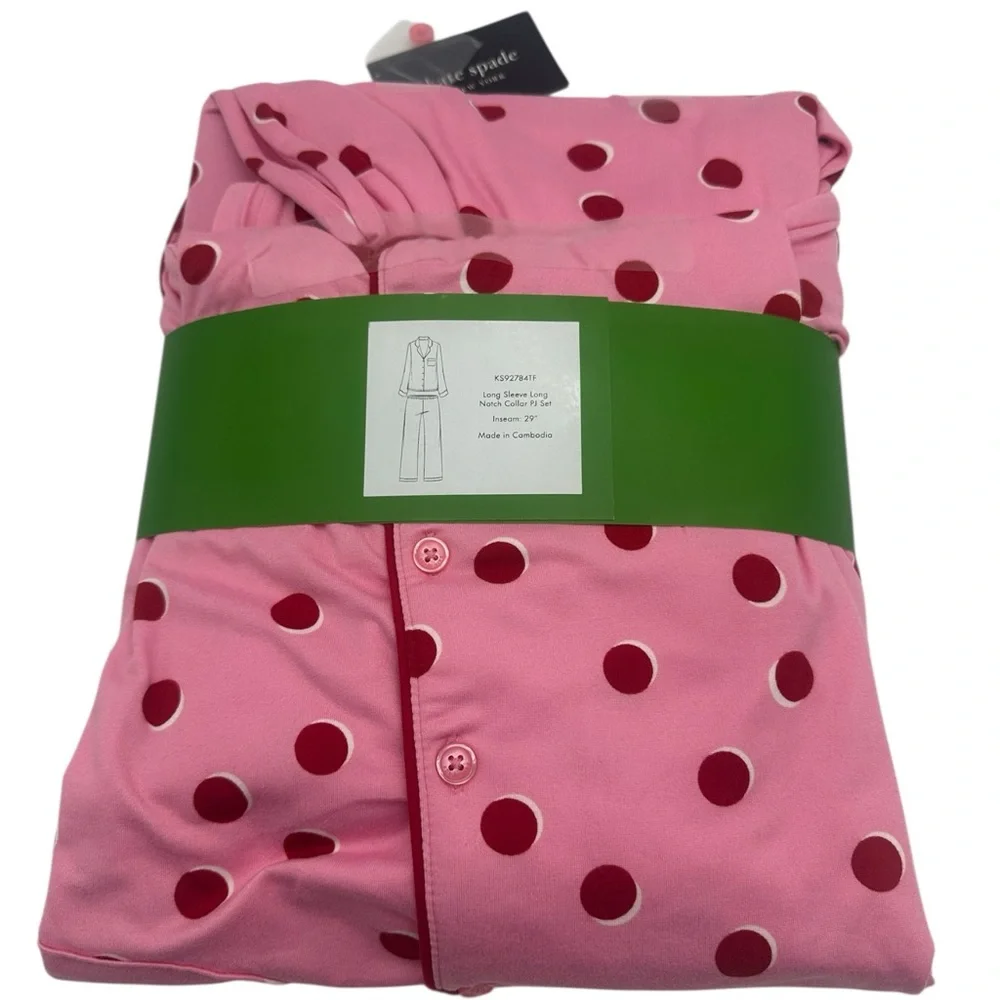 Kate Spade 2pc Long Sleeve & Pants Pajama Set in Pink with Red Polka Dots SMALL - Picture 2 of 3